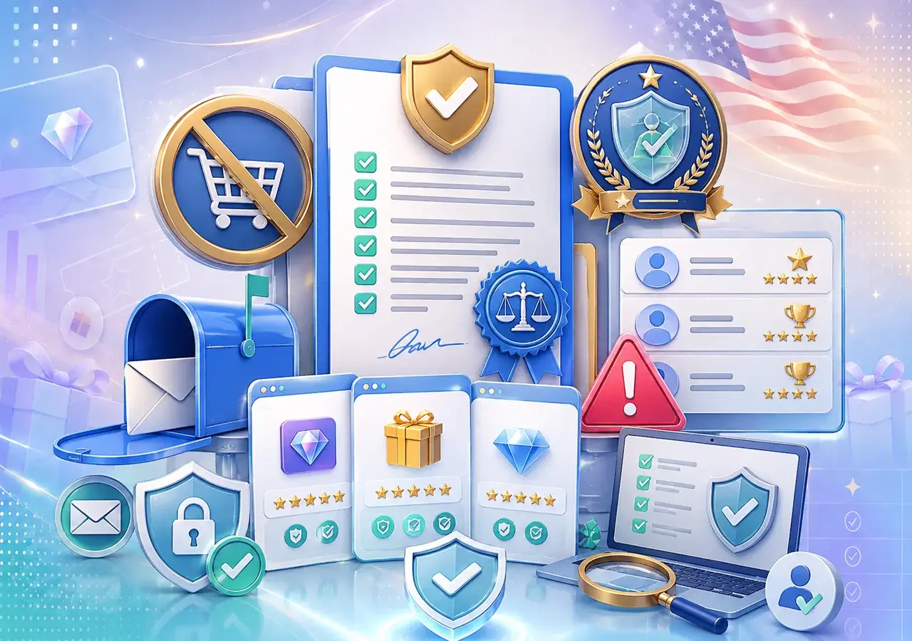 Legitimacy of instant win sweepstakes with official rules, AMOE, FTC-style badge, and anti-scam warning